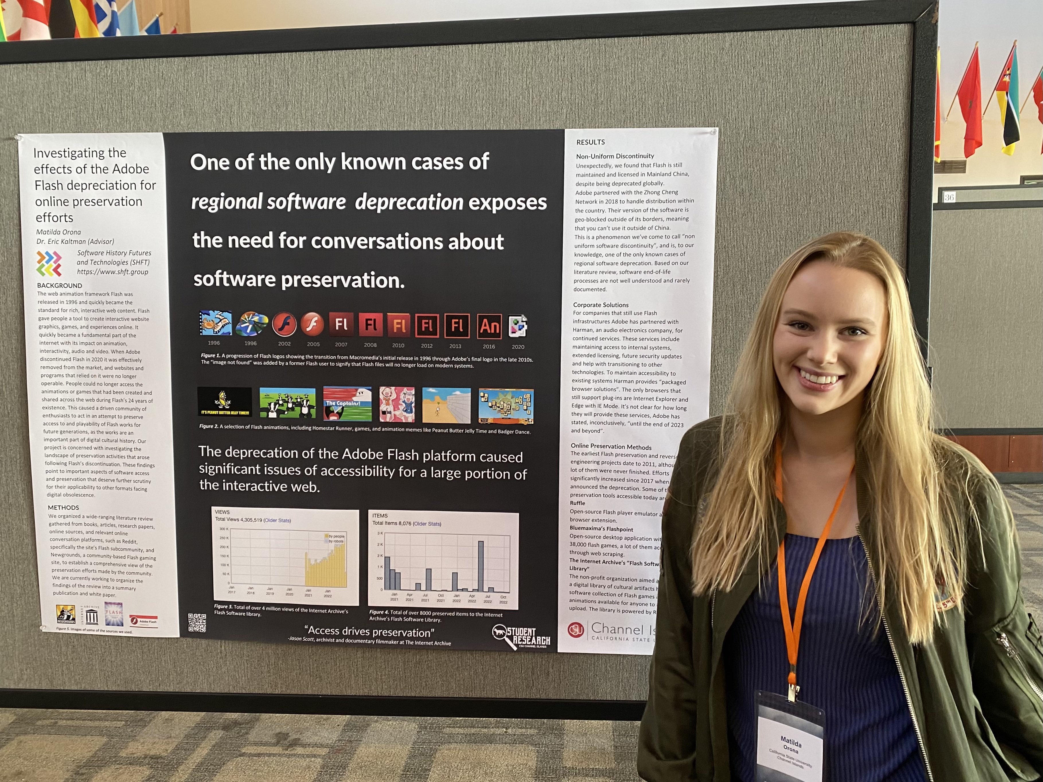 Image of associate Matilda Orona in front of her poster on flash preservation efforts